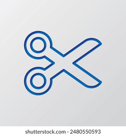 Scissors simple icon vector. Flat design. Paper cut design. Cutted blue symbol with shadow. Gray background.ai