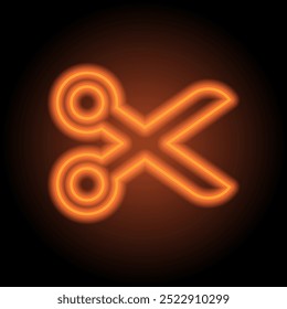 Scissors simple icon vector. Flat design. Orange neon on black background.ai