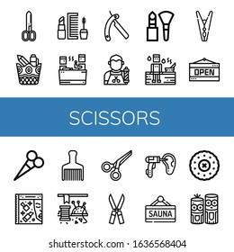 scissors simple icons set. Contains such icons as Scissors, Stationery, Makeup, Sauna, Shaving razor, Barber, Clothespin, Open, Beauty, Hair brush, can be used for web, mobile and logo