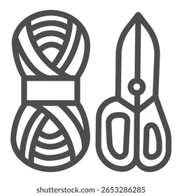Scissors and skein of thread line icon, sewing tools concept. Vector graphics. Yarn with scissors, handicraft accessory sign on white background, outline style icon for mobile or web design
