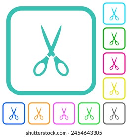 Scissors solid vivid colored flat icons in curved borders on white background