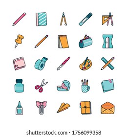 scissors and stationary icon set over white background, line and fill style, vector illustration