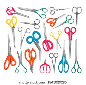 Scissors stationary set. Textile or paper cut supply with colored handle different shape, type and form for office school work or sewing, haircutting vector illustration isolated on white background