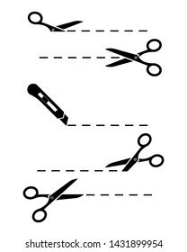 Scissors.Set of scissors and stationery knife with cut lines. Scissors with cut lines coupon . Scissor cutting icon. Vector illustration