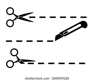 Scissors.Set of scissors and stationery knife with cut lines. Scissors with cut lines coupon . Scissor cutting icon. Vector illustration
