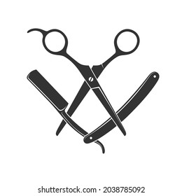 Scissors and straight razor graphic icon. Sign crossed scissors and razor isolated on white background. Barbershop symbols. Vector illustration