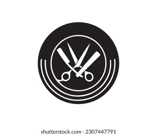 Tijeras e icono gráfico de afeitar recto. Leer las tijeras cruzadas y la navaja aislada en el fondo blanco. Símbolos de la Barbería. Ilustración del vector