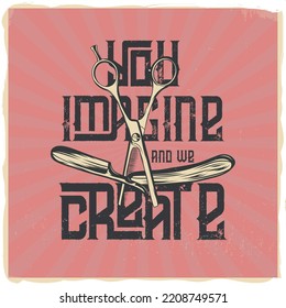 Scissors and a straight razor with a phrase