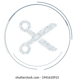 Símbolo de tijeras relleno con puntos azules oscuros. Estilo de puntillismo. Ilustración del vector sobre fondo blanco