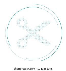 The scissors symbol filled with teal dots. Pointillism style. Vector illustration on white background