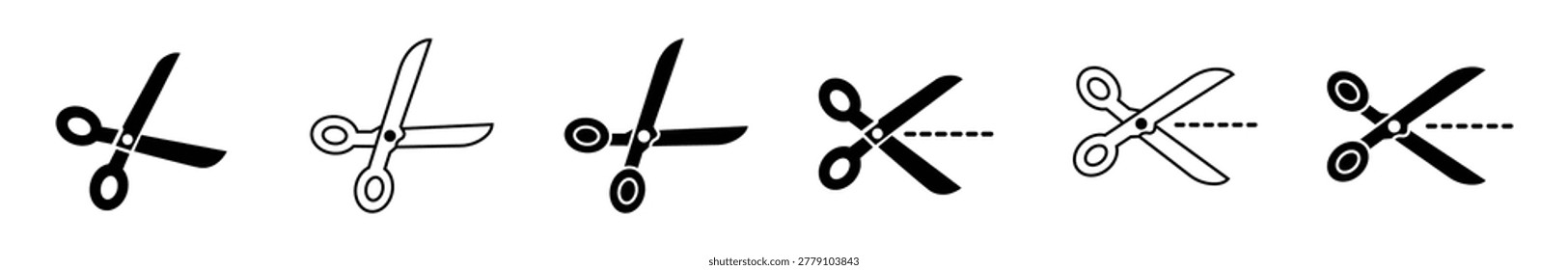 Scissors symbol set featuring cutting tools in solid, outline Perfect for office, craft, sewing, stationery, editing, school, and cut action concepts.