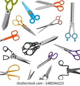 Scissors for tailors, barbers vector pattern. Illustration of thinning scissors, shears for beauty salons or shops. Fashion professional hairdressers tools isolated on white.