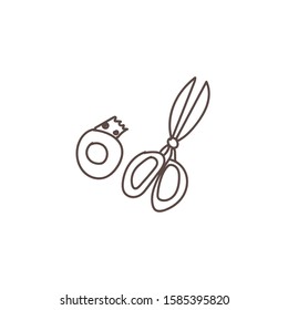 Scissors and tape icon on white background. Vector illustration. Office. Hand drawing. Scissors isolated background. Creativity, Hobbies, sewing.