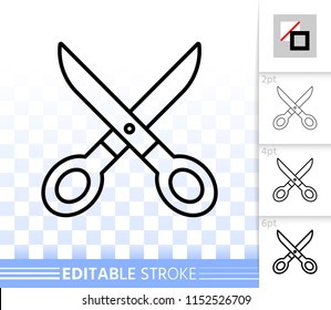 Scissors thin line icon. Outline sign of dressmaking. Hairdresser linear pictogram with different stroke width. Simple vector symbol, transparent background. Scissors editable stroke icon without fill