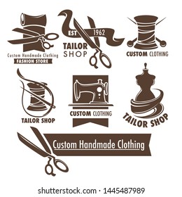 Scissors and thread mannequin and sewing tools and custom handmade clothing vector isolated icons needle pin and button emblem or logo clothes repairing and designer tailor service shop or store.