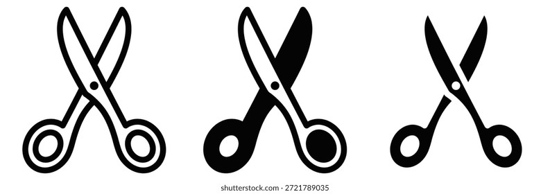 Scissors in three styles for cutting and crafting needs,Scissors icon set. Simple silhouette of open scissors. Scissors logo icon. Stock vector illustration isolated,