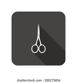 Scissors tool icon. Cut symbol. Rounded square flat icon with long shadow. Vector