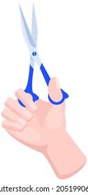 Tijeras, herramienta hecha de cuchillas y mango de plástico aislado sobre fondo blanco. Equipo para la creatividad, materiales de corte. Tijeras de hierro en mano humana. Herramienta de corte nítida, cizalladuras, alfileres