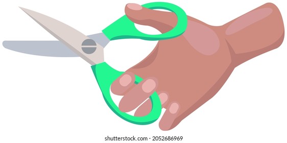 Scissors, tool made of blades and plastic handle isolated on white background. Equipment for creativity, cutting materials. Iron scissors in human hand. Sharp cutting tool, shears, clippers