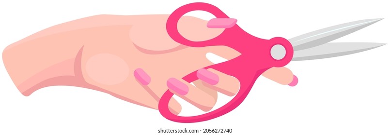 Scissors, tool made of blades and plastic handle isolated on white background. Equipment for creativity, cutting materials. Iron scissors in human hand. Sharp cutting tool, shears, clippers
