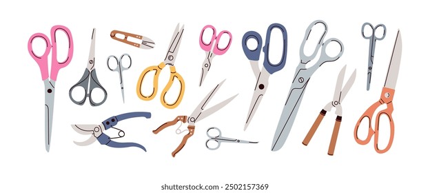 Scissors tool set. Shears with sharp blade for cutting, accessory for paper craft, tailoring, DIY, hairdresser. Professional metal equipment. Flat vector illustration isolated on white background