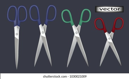 Scissors, top view, side set of blue, green, red plastic open and closed scissors isolated on grey background. Realistic vector illustration. 3d
