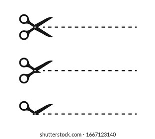 Ножницы, набор иконок линии обрезки. Иллюстрация векторной линии на белом фоне