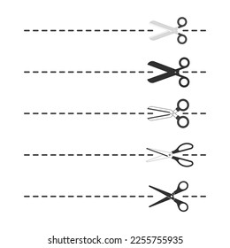 Scissors, trim line icons. Set of black scissors with cut line.