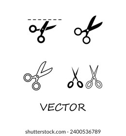 Schere, Trimmzeilensymbole gesetzt. Schere mit Schnittlinien, Coupon-Schnittsymbol. Schere schneidend Symbol flach angesagte Illustration auf weißem Hintergrund.eps