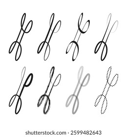 Scissors variations set. Abstract cutting symbols. Thin and bold lines. Black white contrast.