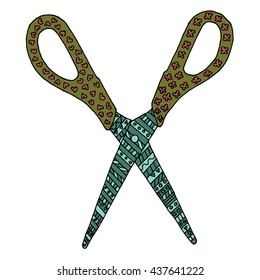 Scissors vector. Cut zen tangle and doodle. Coloring book shears. Zentangle and zendoodle clippers. Zenart snip