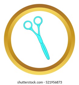 Scissors vector icon in golden circle, cartoon style isolated on white background