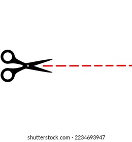Scissors vector icon with red cut outline on white background. Paper, hair and plastic cutting tools.
