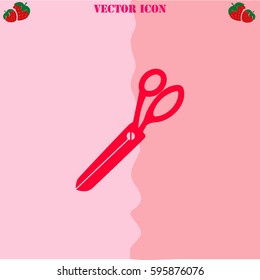 Scissors vector  icon. Strawberry Background.