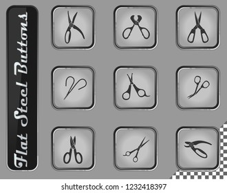Scissors vector web icons on the flat steel buttons