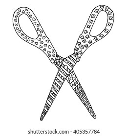 Scissors vector zen tangle and doodle. Shear coloring book for adult. Black and white.