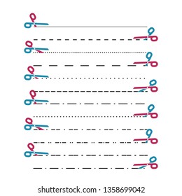 Scissors vectors with cut lines, dot, dashed lines. Dividing lines cutout. Vector 