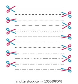 Scissors vectors with cut lines, dot, dashed lines. Dividing lines cutout. Vector 