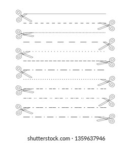 Scissors vectors with cut lines, dot, dashed lines. Dividing lines cutout. Vector 