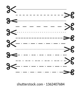 Scissors vectors with cut lines, dot, dashed lines. Dividing lines cutout. Vector 