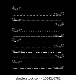 Scissors vectors with cut lines, dot, dashed lines. Dividing lines cutout. Vector 