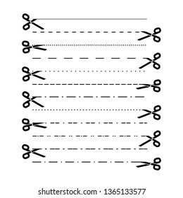 Scissors vectors with cut lines, dot, dashed lines. Dividing lines cutout. Vector 