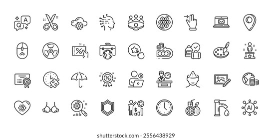 Scissors, Video conference and Cable section line icons pack. AI, Question and Answer, Map pin icons. Discount coupon, Meditation eye, Tap water web icon. Vector