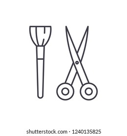 Scissors and visagiste brush line icon concept. Scissors and visagiste brush vector linear illustration, symbol, sign