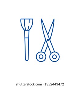 Scissors and visagiste brush line icon concept. Scissors and visagiste brush flat  vector symbol, sign, outline illustration.