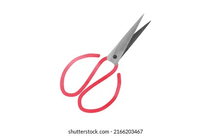 Scissors Watercolor Style Vector Illustration Isolated On White Background. Simple Red Scissors Clipart. Scissors Hand Drawn Cartoon. Minimalist Scissors Icon Drawing