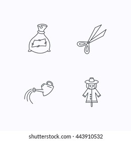 Scissors, watering can and watering can icons. Bag of fertilizer linear sign. Flat linear icons on white background. Vector