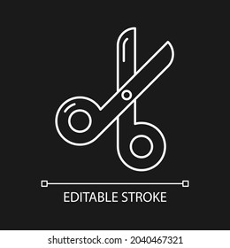 Scissors white linear icon for dark theme. Paper cutting tool. Office shearing equipment. Thin line customizable illustration. Isolated vector contour symbol for night mode. Editable stroke