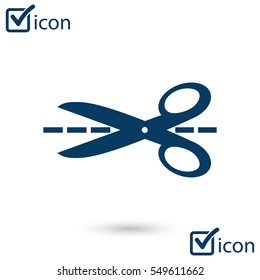 Scissors with-cut lines icon. Badge place of cutting.