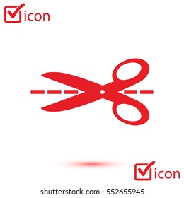 Scissors with-cut lines icon. Badge place of cutting.